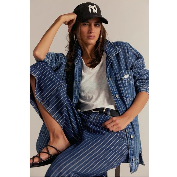 Free People Madison City Pinstripe Denim Jacket Indigo City Stripe Large NWT - Picture 5 of 13